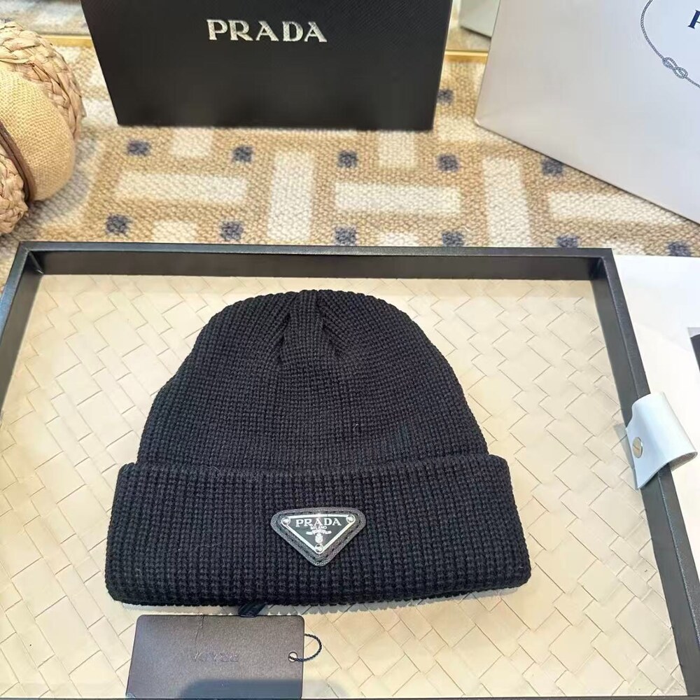 Prada Logo Ribbed Knit Beanie Black
